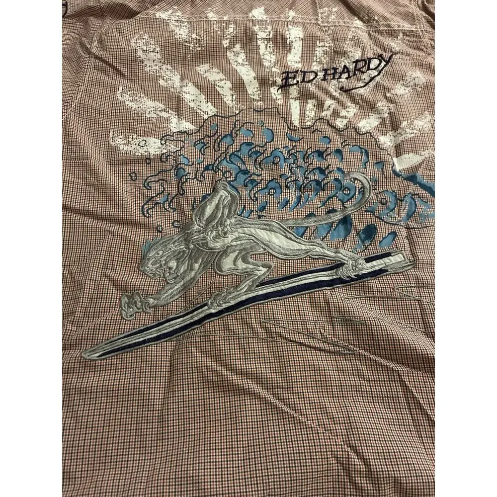 Ed Hardy Men's L Check Short Sleeve Button-Up Shirt Embroidered Logo vintage red